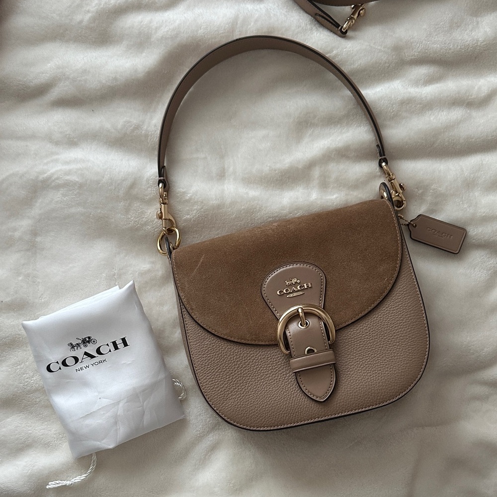 Coach Two-Tone Tan Suede & Pebbled Leather Shoulder Bag